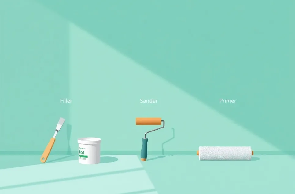Outils de peinture disposés dans l'ordre des étapes du chantier