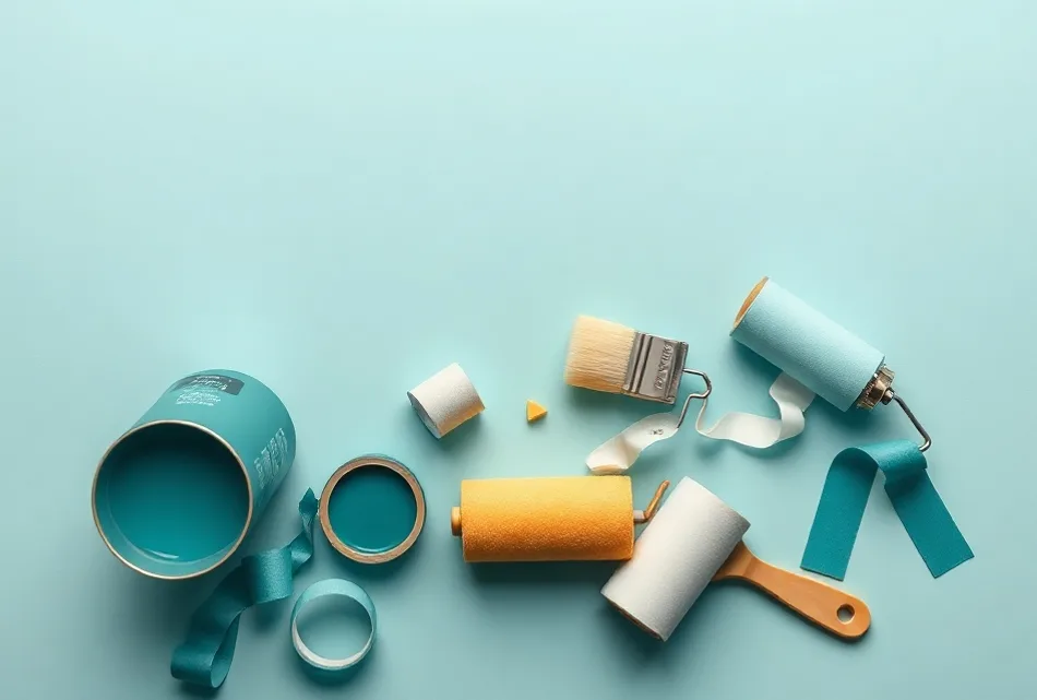 Pots de peinture, nuancier, brosses et rouleaux disposés à plat