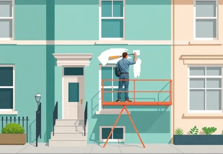 Peintre sur échafaudage traitant la façade d'une maison