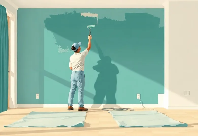 Peintre appliquant la peinture au rouleau sur un mur de salon